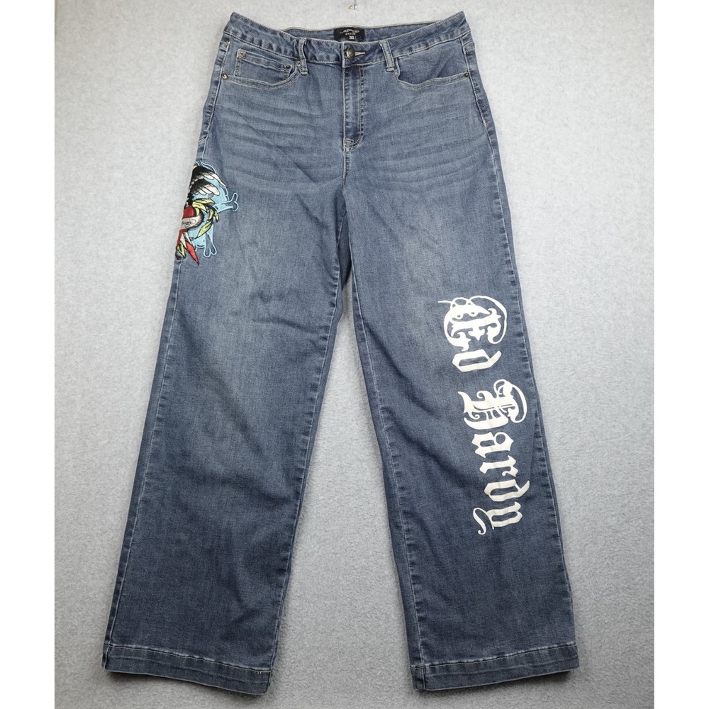 Y2K Ed Hardy Jeans Mens 32 Wide Leg Embroidered Eagle Heart Skate Baggy Grunge